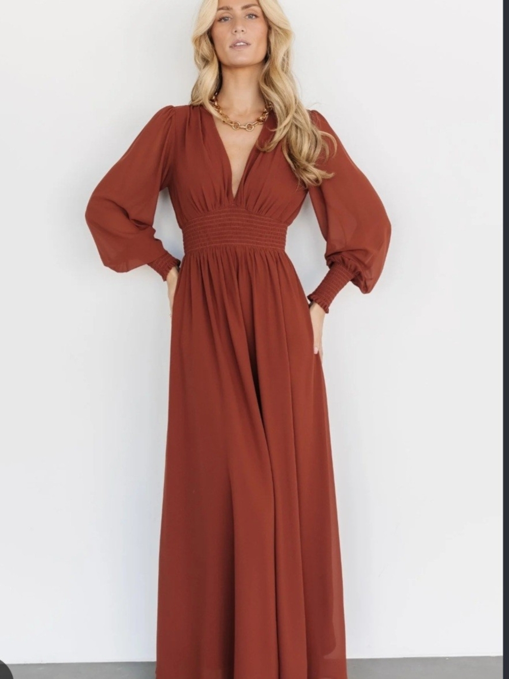 Long Sleeve V-Neck Maxi Dress in Rust
